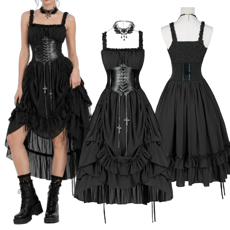 Midi Dress - Женское готическое платье-корсет, черное, в стиле