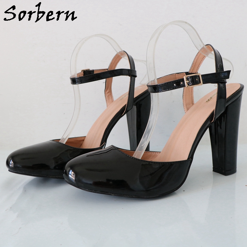 Pump Heel Block - Черные блестящие женские туфли-лодочки с ремешком