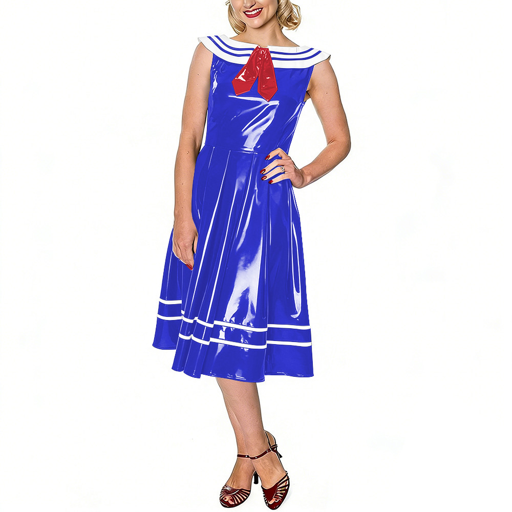 Midi Dress - Винтажное женское платье-матроска из глянцевой кожи/ПВХ,