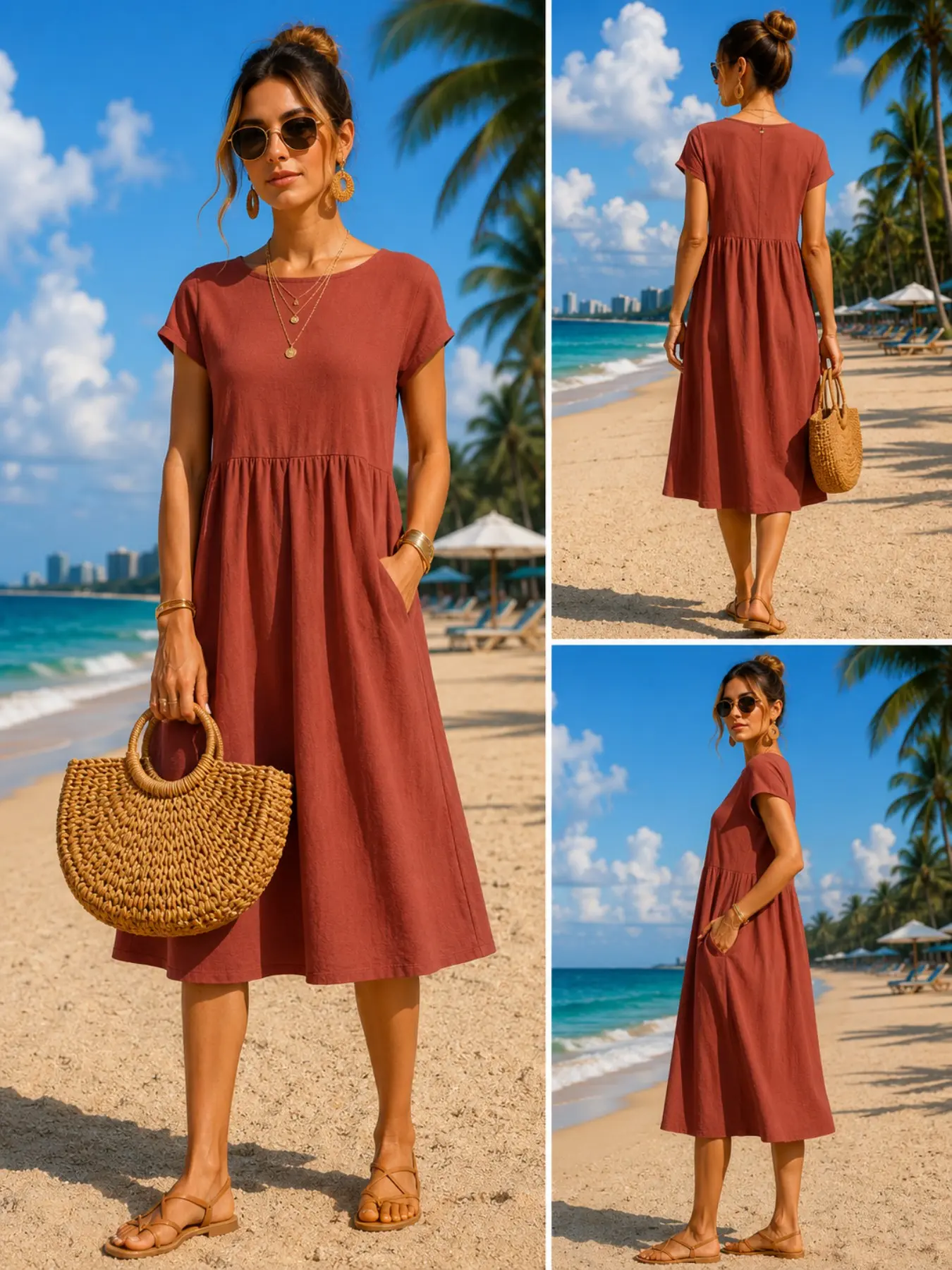 Midi Dress - Женское повседневное платье миди с карманами,